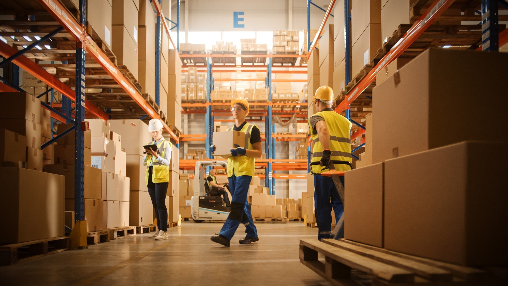 Retail Warehouse full of Shelves with Goods in Cardboard Boxes, Workers Scan and Sort Packages, Move Inventory with Pallet Trucks and Forklifts. Product Distribution Logistics Center.