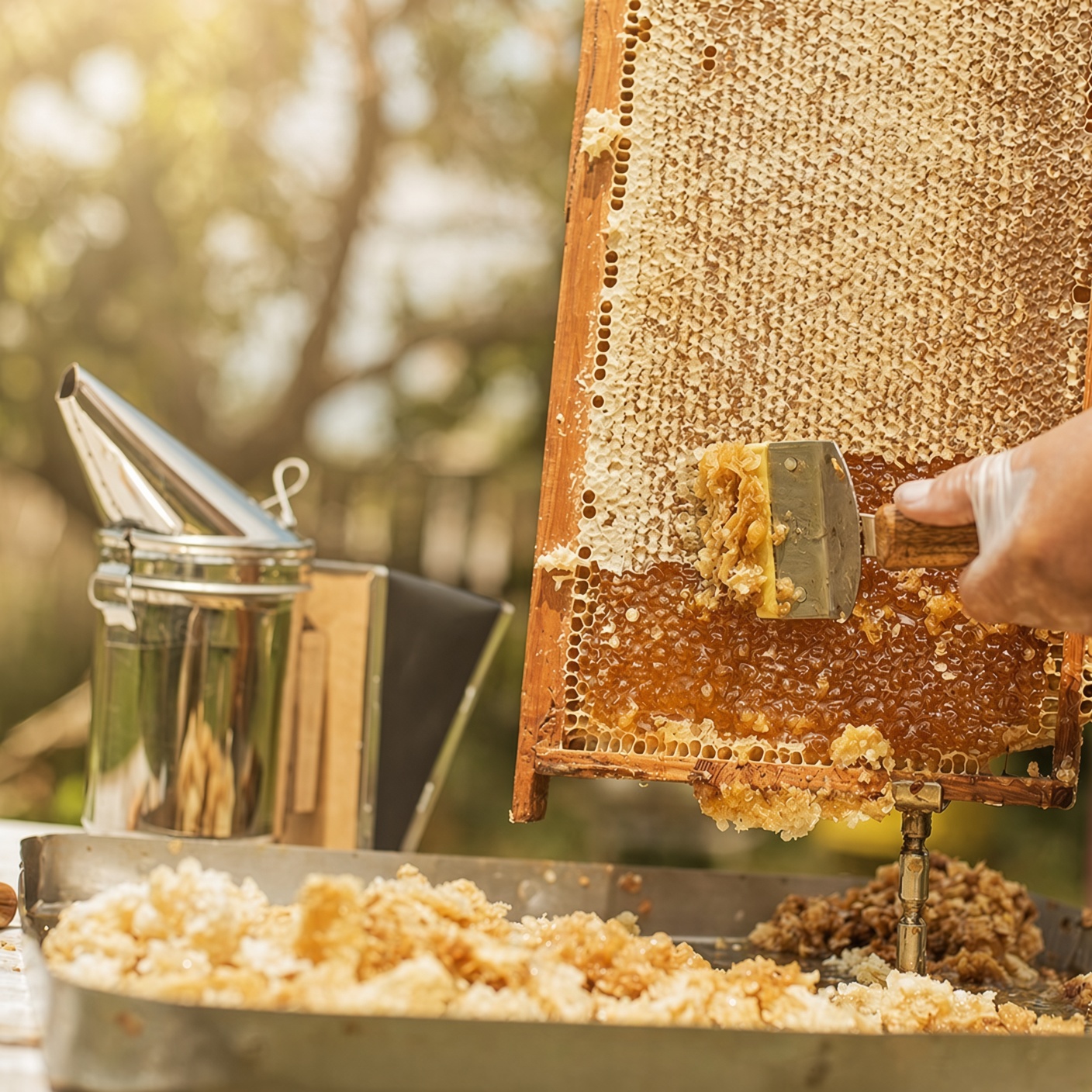 Uncapped honey frames and pale beeswax cappings
