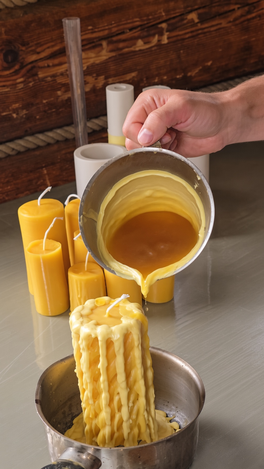 Hands dripping a beeswax pillar in the studio