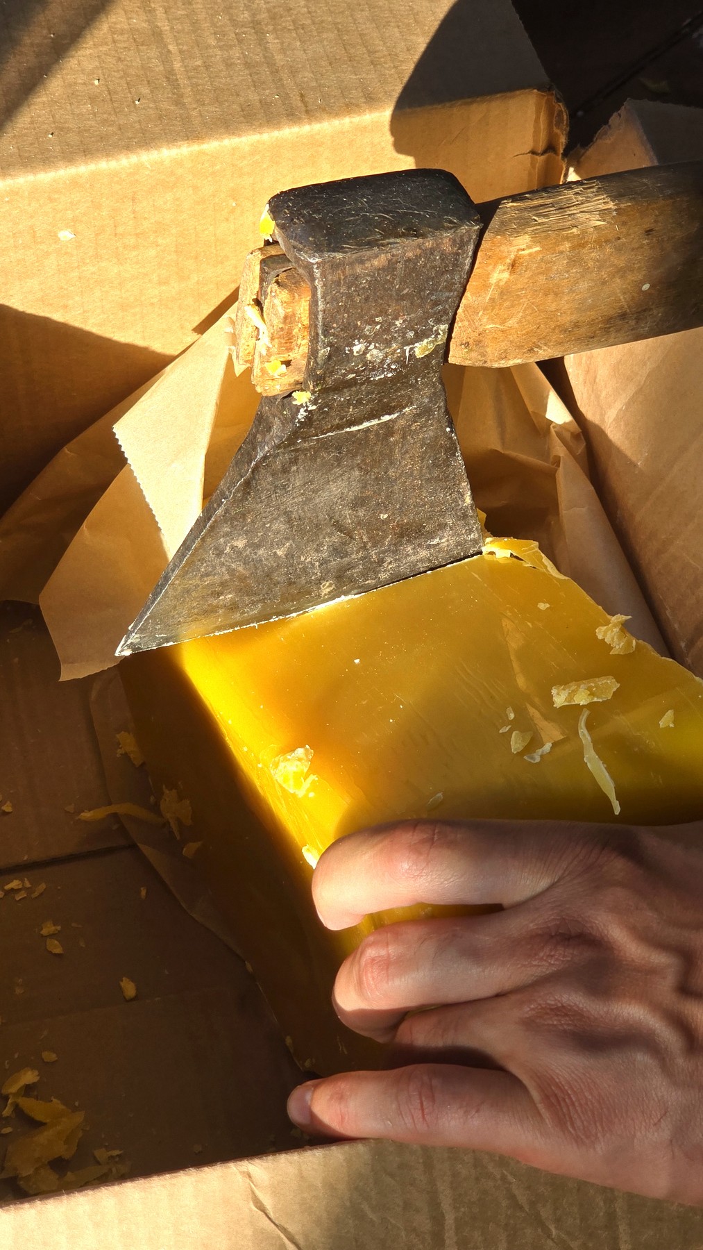 Splitting a block of beeswax